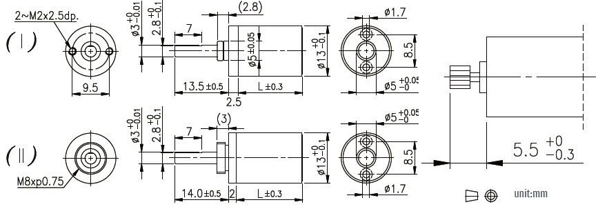 Dimensiones mec&aacute;nicas de la caja de cambios planetaria de 13 mm.