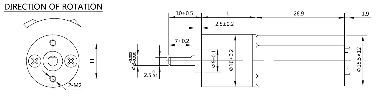 dibujo de dimensiones del motor de engranajes de CC