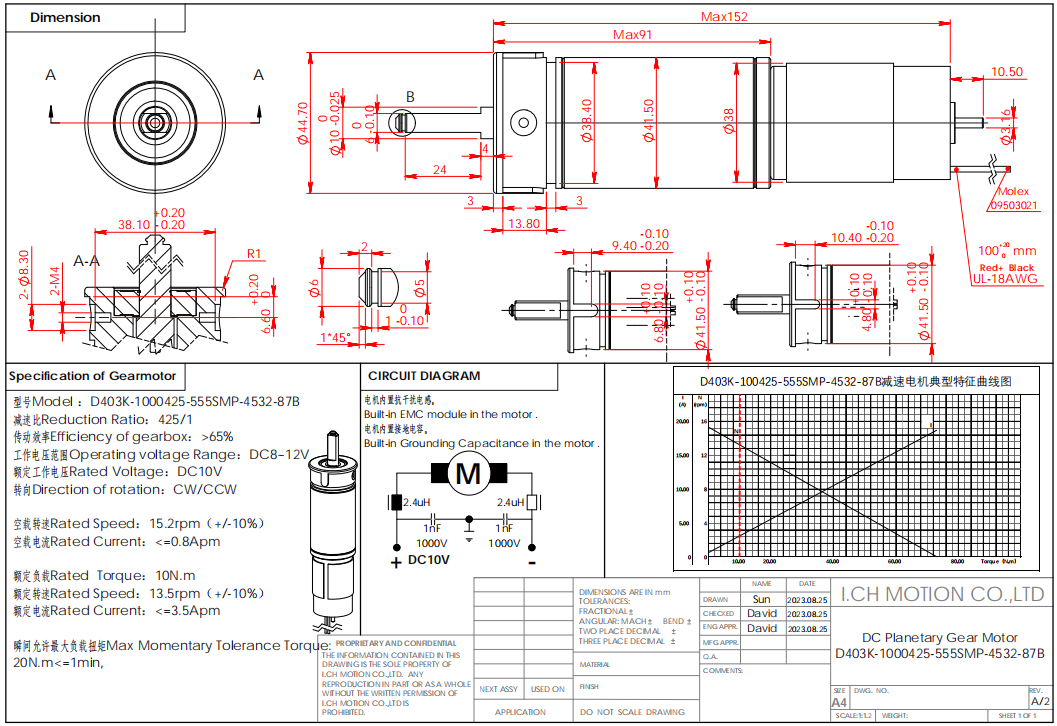 Dibujo t&eacute;cnico del motor con caja de cambios planetaria de dos etapas.