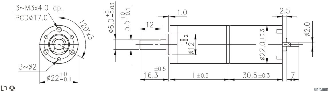 Dibujo de dimensiones del motorreductor planetario de CC de 22 mm de 12 V y 24 V