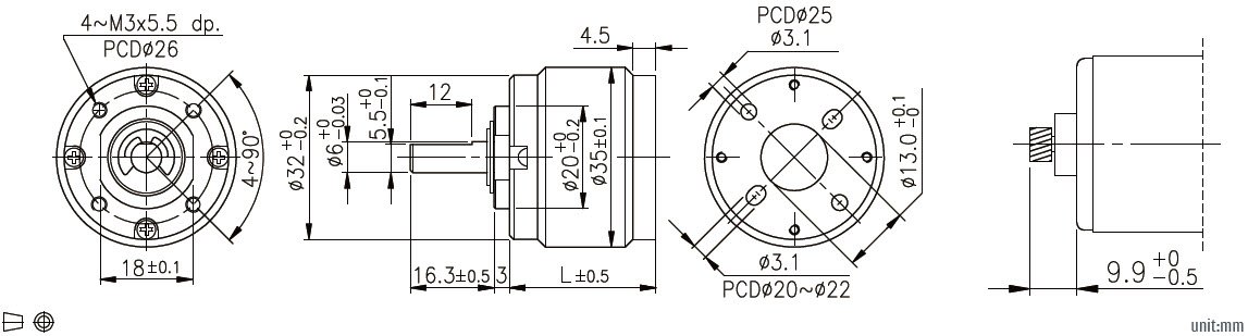 Dibujo de dimensiones de la caja de cambios planetaria de 32 mm