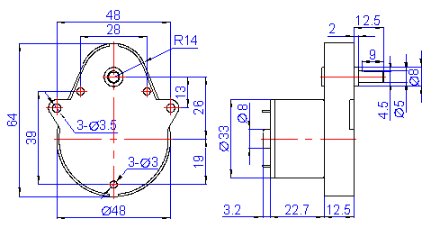 Tabla de tama&ntilde;os de motorreductor CC de 48 mm