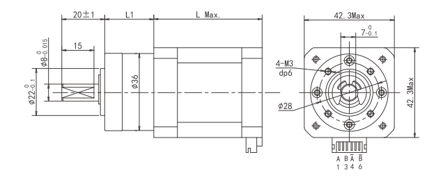 Dibujo t&eacute;cnico del motor de engranajes paso a paso para luz desconcentradora