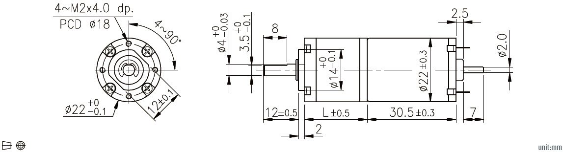 Dibujo dimensional del motorreductor planetario DC