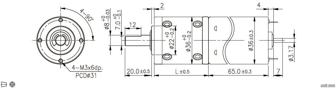 Dibujo de dimensiones del motor de engranaje planetario