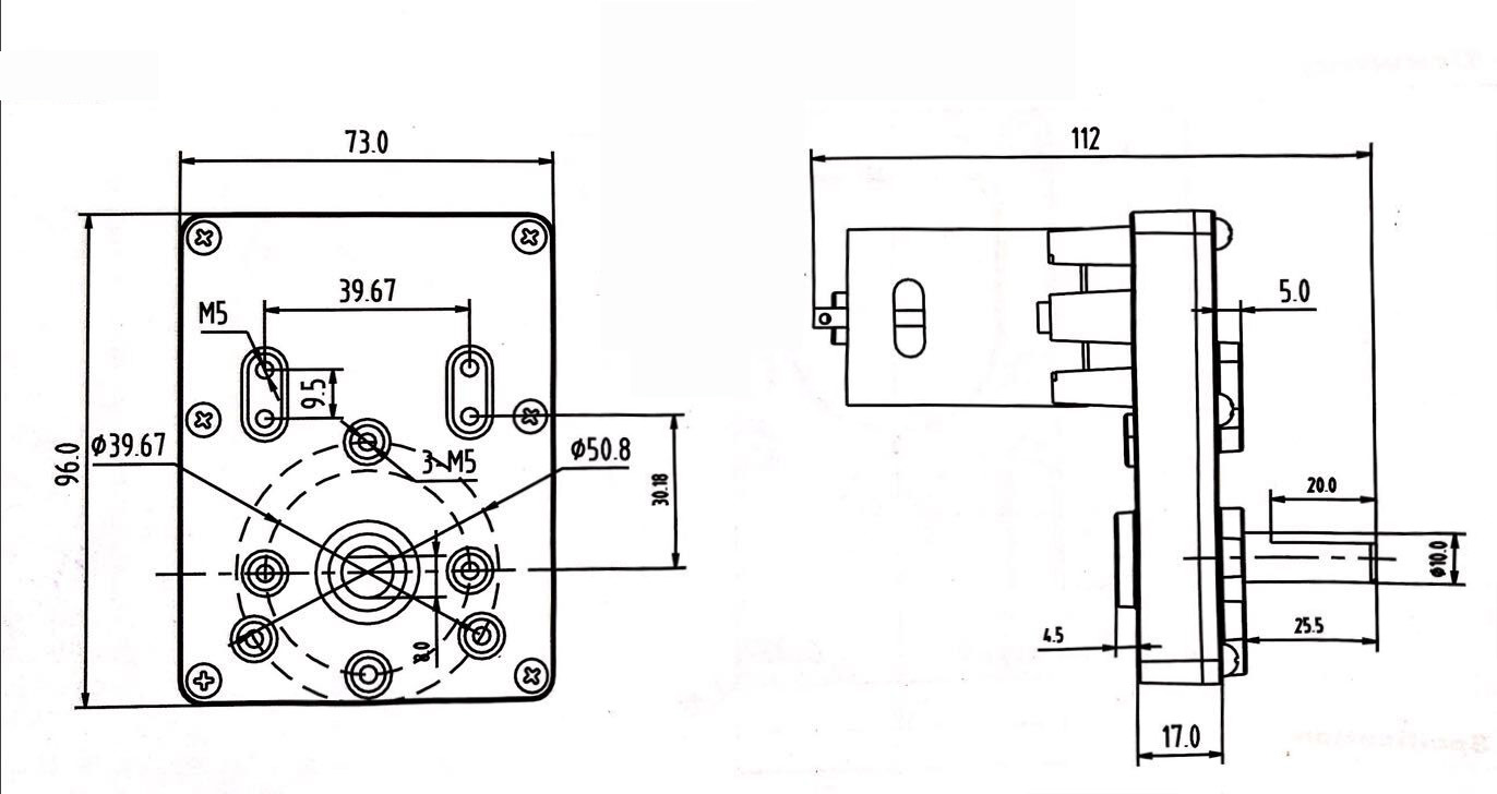 Dibujo de dimensiones del motor gar de CC de 73 mm