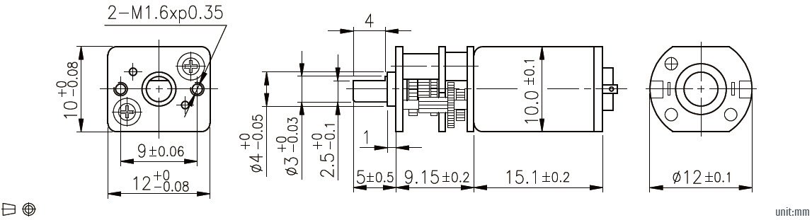Dibujo de dimensiones del motor de engranaje recto de CC 
