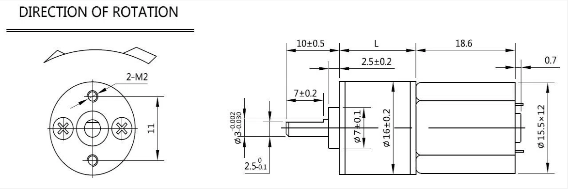 Dibujo de dimensiones del motor de engranajes de CC de 16 mm