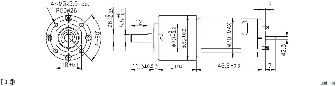 Dibujo de dimensiones del motorreductor planetario de 32 mm