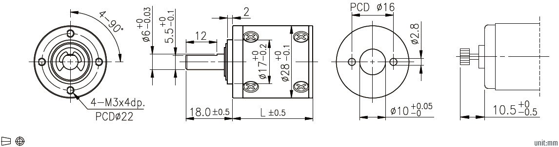 Dimensiones mec&aacute;nicas de la caja de cambios planetaria de 28 mm.