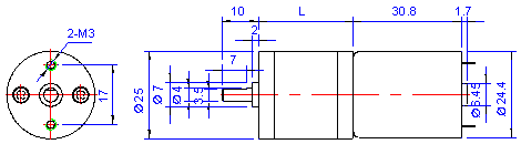 Dibujo de dimensiones del motor de engranajes de CC de 25 mm 