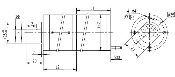 Dibujo t&eacute;cnico del motor de engranaje de CC redondo sin escobillas de 42 mm