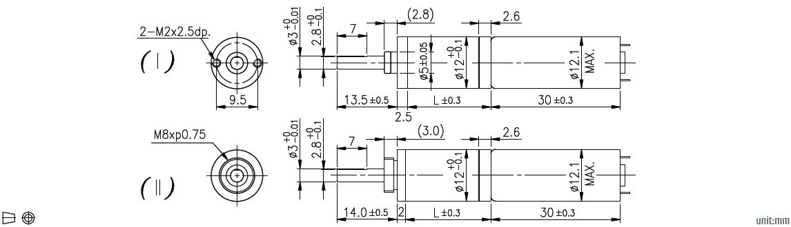 Dibujo t&eacute;cnico del motorreductor planetario de CC de 12 mm