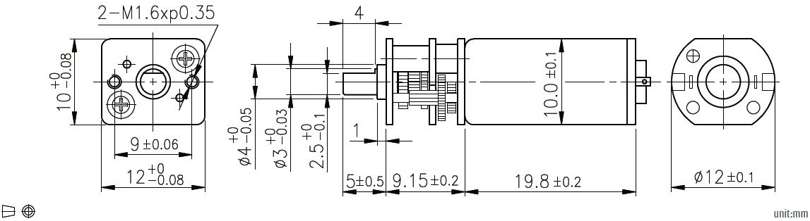 Dibujo de dimensiones del motor de engranajes de CC de 12 mm 