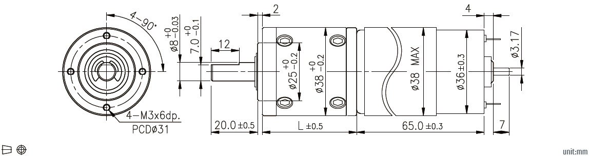 Dibujo t&eacute;cnico del motorreductor planetario de CC de 38 mm
