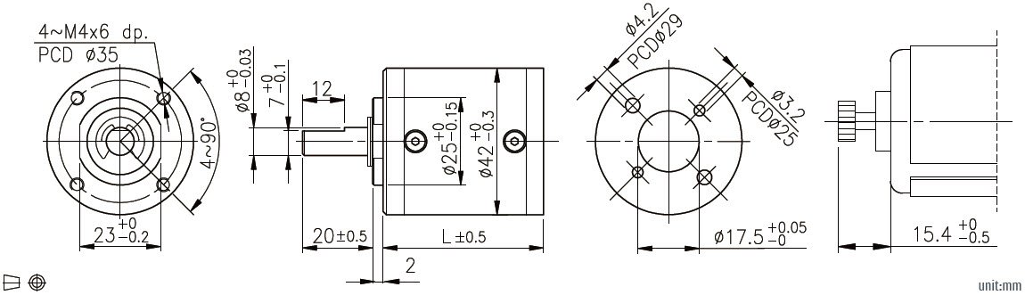 Dibujo t&eacute;cnico de caja de cambios planetaria D423C con engranaje de metal