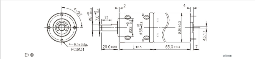Dibujo t&eacute;cnico del motor de engranajes Planet Brushless DC 24v