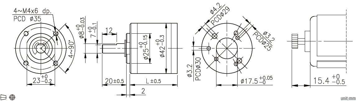 Dimensiones mec&aacute;nicas de la caja de cambios planetaria de 42 mm.