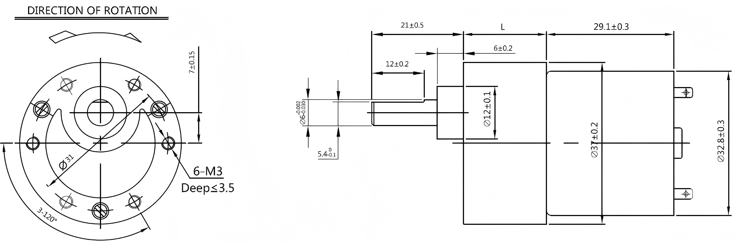 dibujo de dimensiones del motor de engranajes de CC peque&ntilde;o