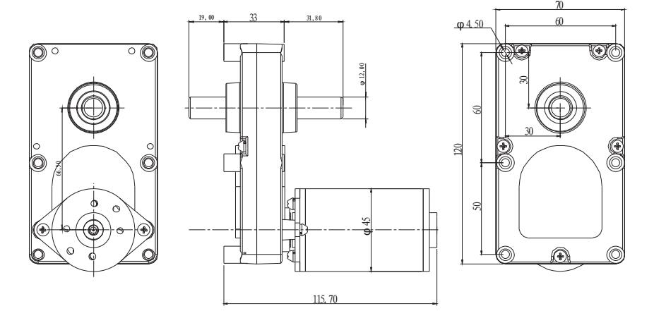 Dibujo de dimensiones del motor reductor de 70 mm