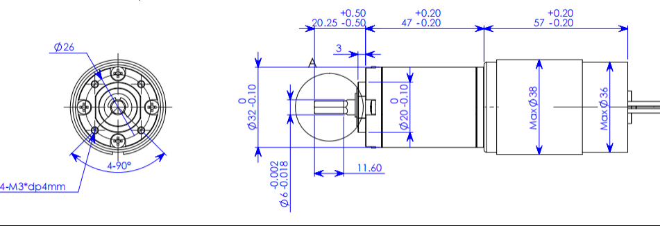 Plano acotado del motorreductor para toldo autom&aacute;tico Planet