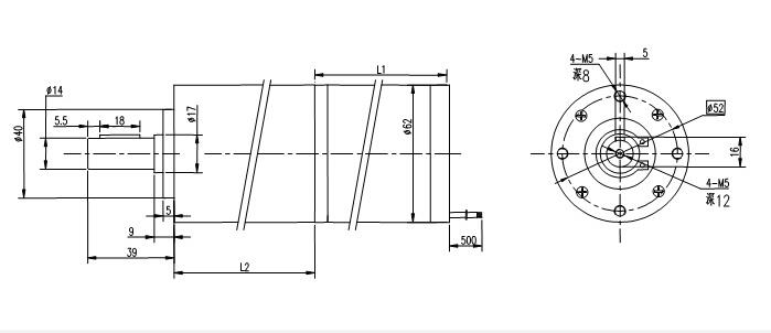 Dibujo de dimensiones del motor de engranajes bldc de 62 mm
