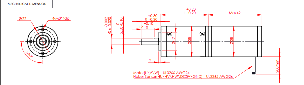 Dimensiones mec&aacute;nicas del motor de engranaje planetario de 28 mm.