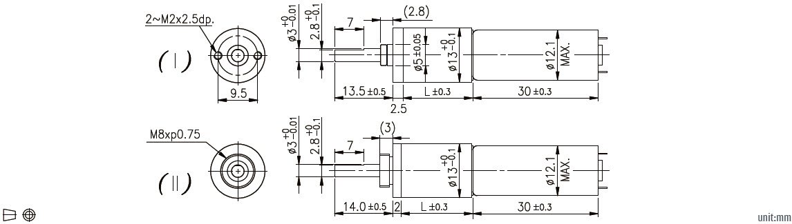 Dibujo de dimensiones del motor de engranajes de CC de 13 mm