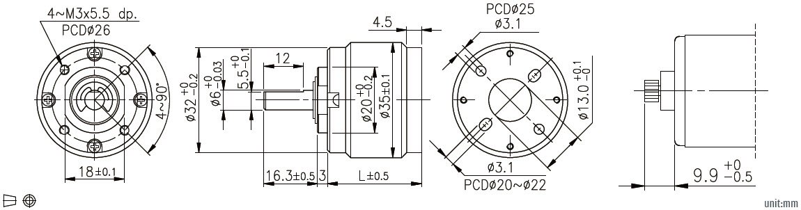 Dibujo t&eacute;cnico de la caja de cambios planetaria de 32 mm.